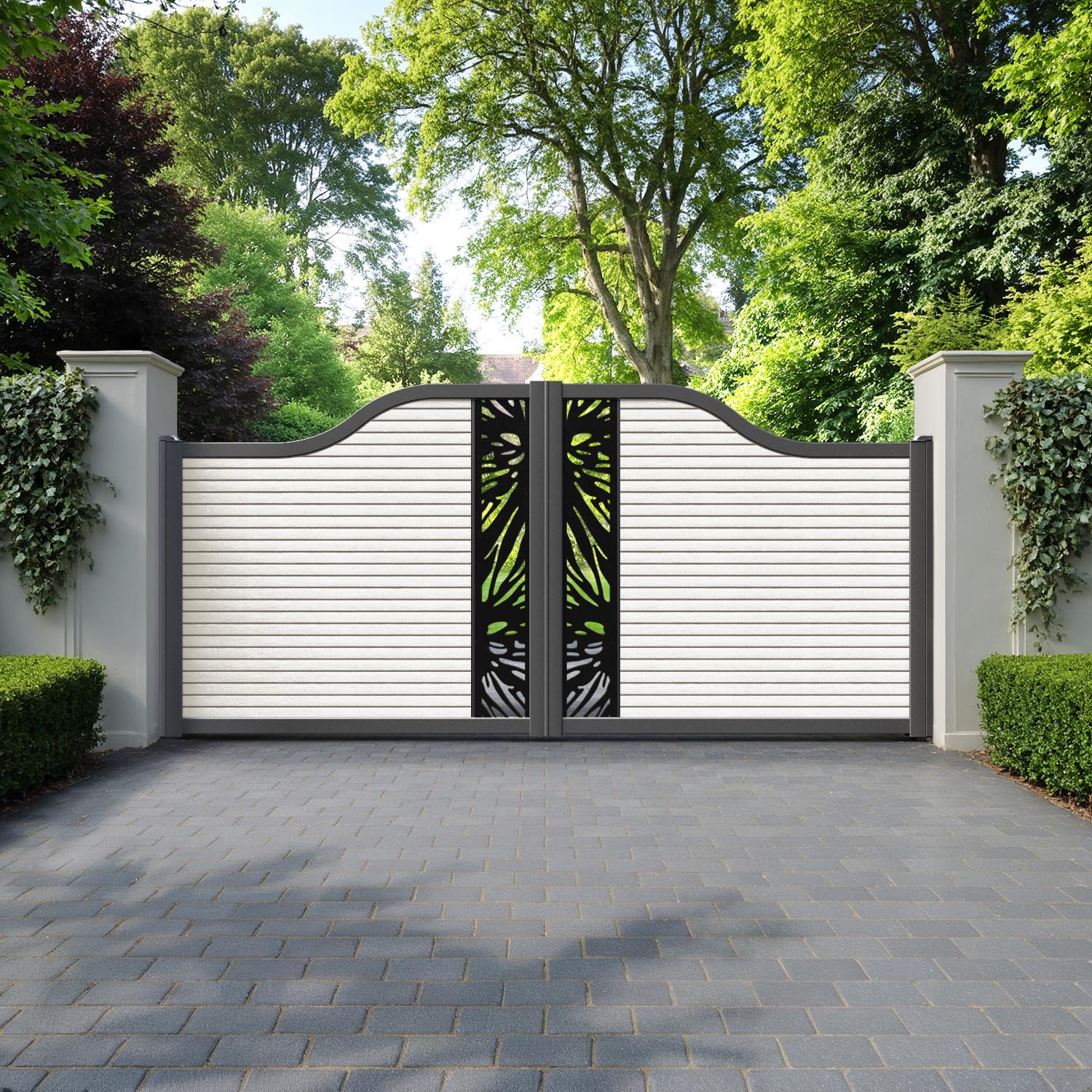 Hudson Poppy Curved Top Driveway Gate - Light Stone - Middle Screen