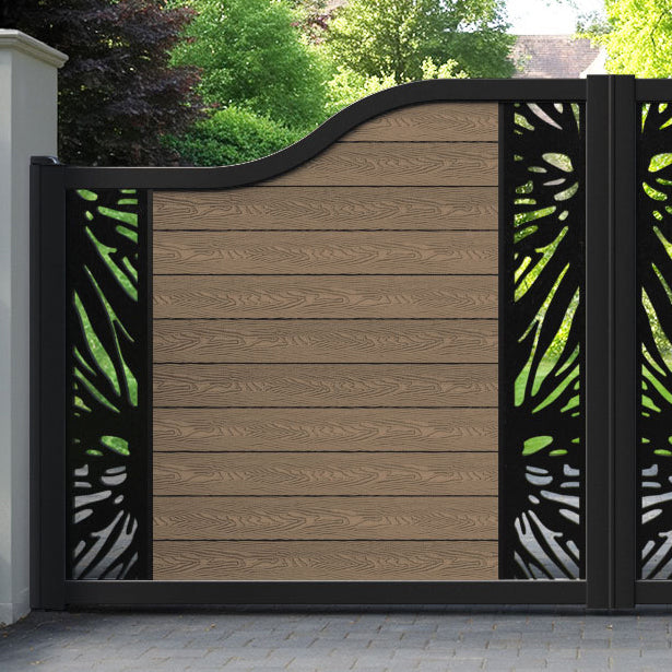 Classic Poppy Curved Top Driveway Gate - Teak - Middle & End Screen