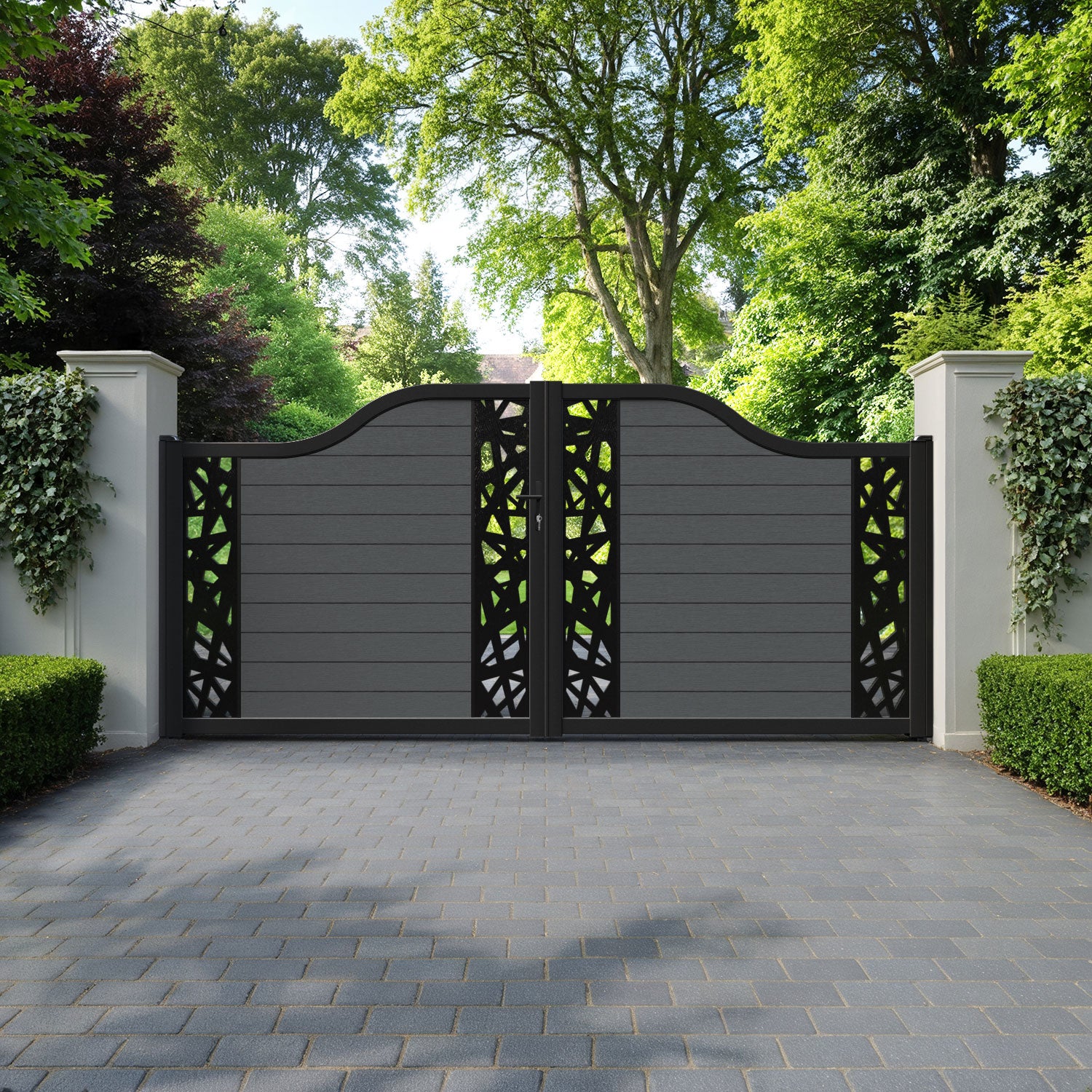 Fusion Prism Curved Top Driveway Gate - Dark Grey - Middle & End Screen