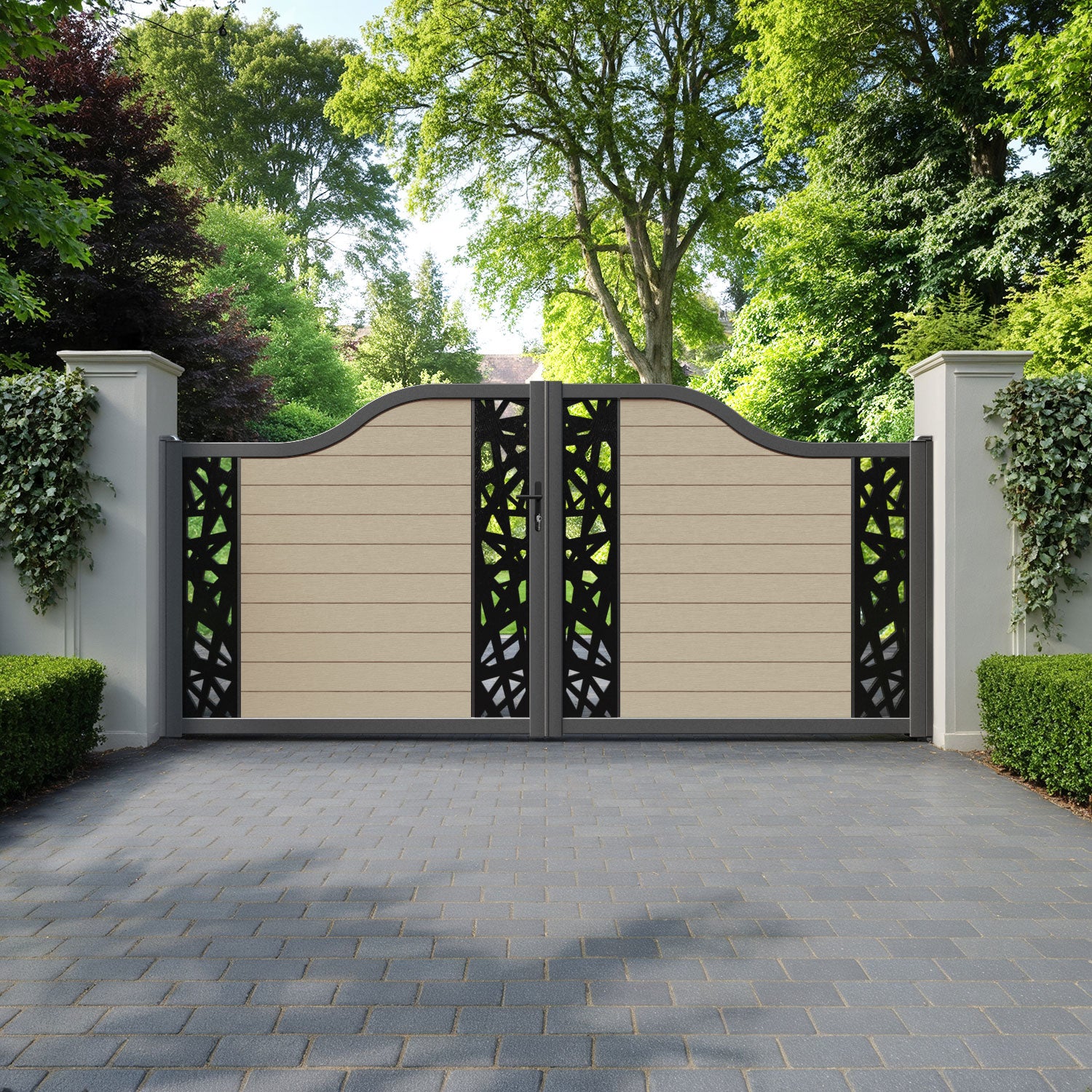 Fusion Prism Curved Top Driveway Gate - Light Oak - Middle & End Screen