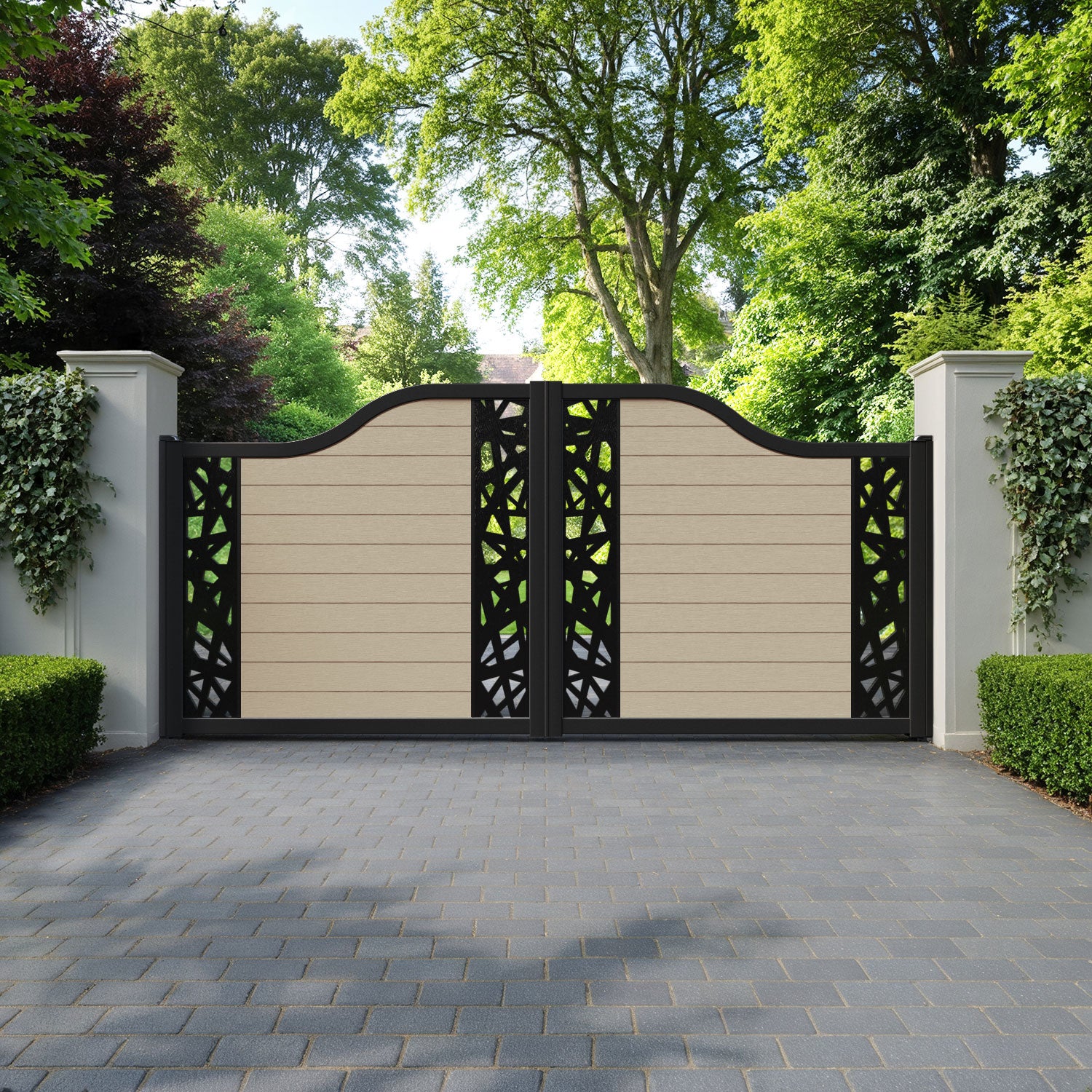 Fusion Prism Curved Top Driveway Gate - Light Oak - Middle & End Screen