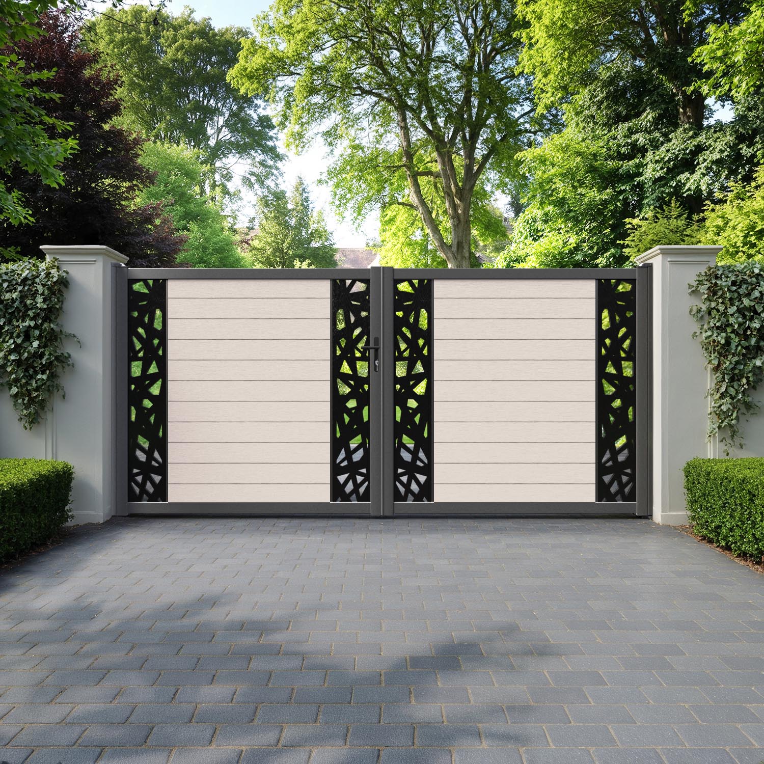 Fusion Prism Straight Top Driveway Gate - Mid Stone - Middle & End Screen