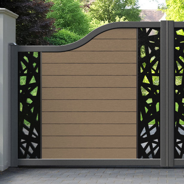 Fusion Prism Curved Top Driveway Gate - Teak - Middle & End Screen