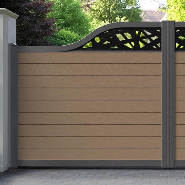 Fusion Prism Curved Top Driveway Gate - Teak - Top Screen