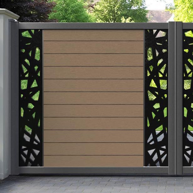 Fusion Prism Straight Top Driveway Gate - Teak - Middle & End Screen