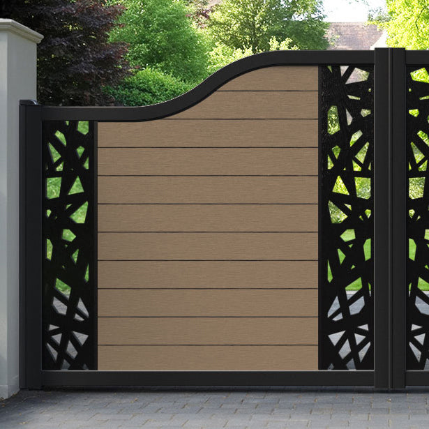 Fusion Prism Curved Top Driveway Gate - Teak - Middle & End Screen