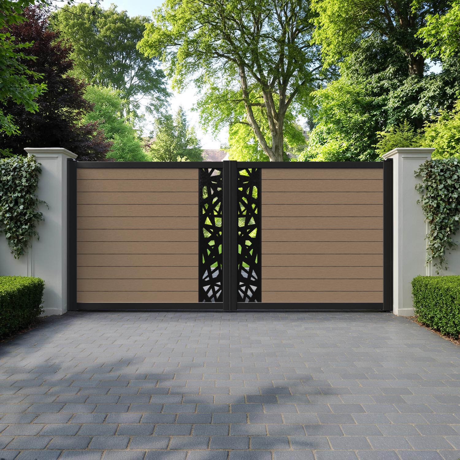 Fusion Prism Straight Top Driveway Gate - Teak - Middle Screen