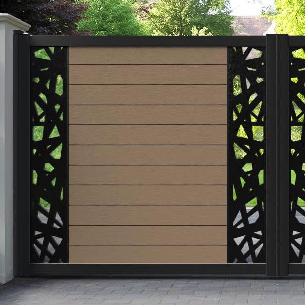 Fusion Prism Straight Top Driveway Gate - Teak - Middle & End Screen