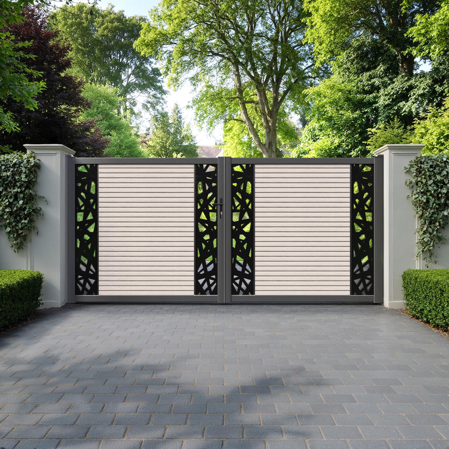 Hudson Prism Straight Top Driveway Gate - Mid Stone - Middle & End Screen