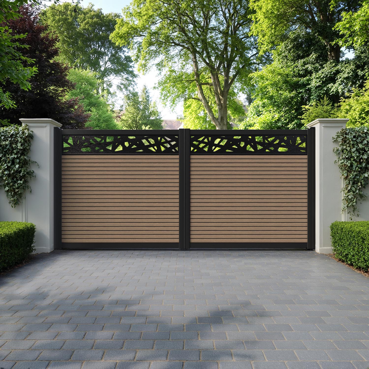 Hudson Prism Straight Top Driveway Gate - Teak - Top Screen