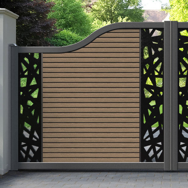 Hudson Prism Curved Top Driveway Gate - Teak - Middle & End Screen