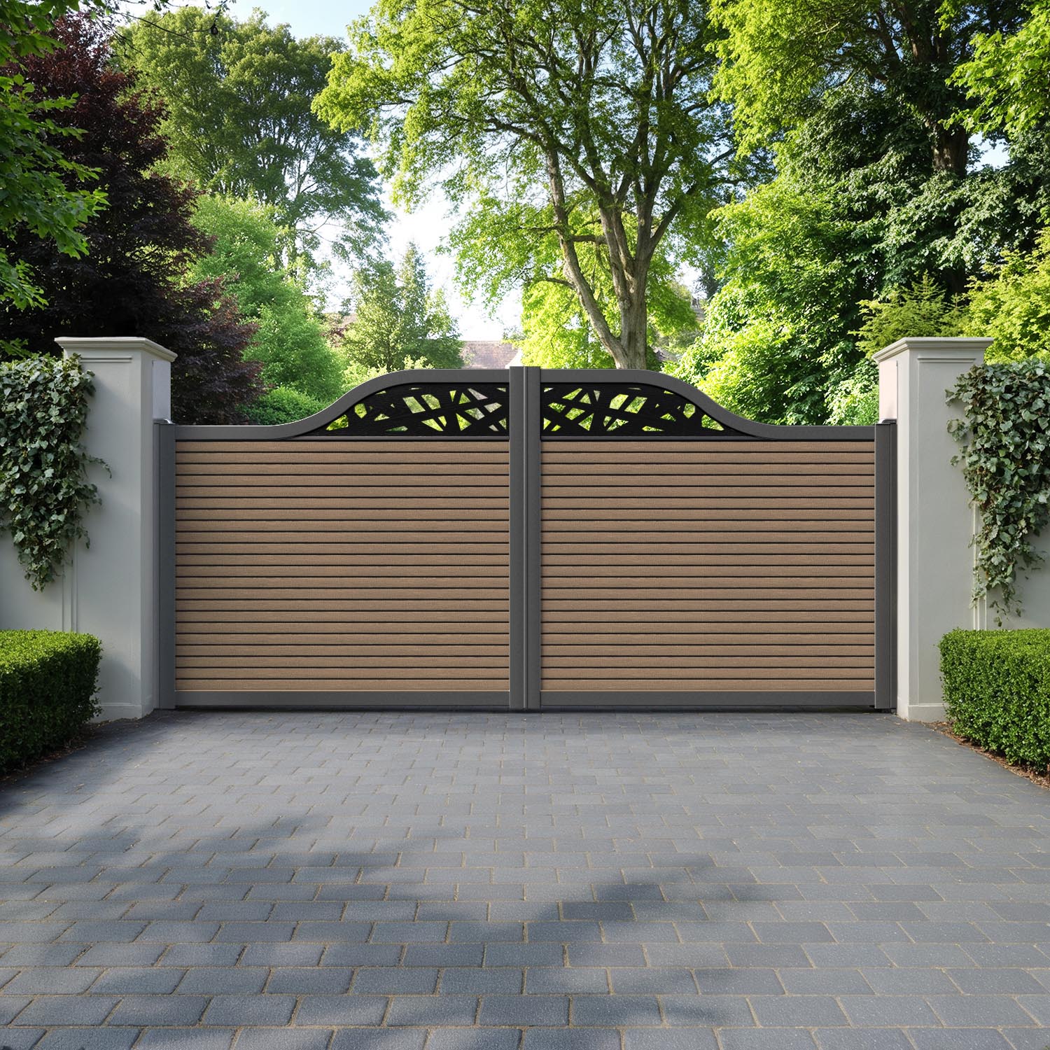 Hudson Prism Curved Top Driveway Gate - Teak - Top Screen