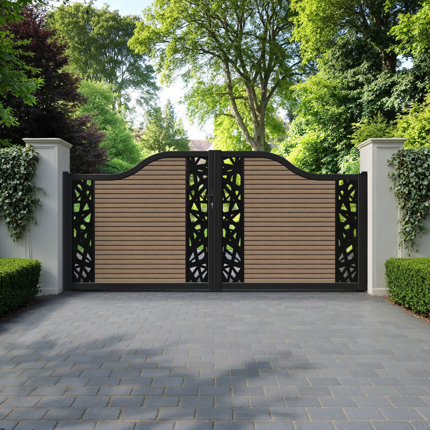 Hudson Prism Curved Top Driveway Gate - Teak - Middle & End Screen