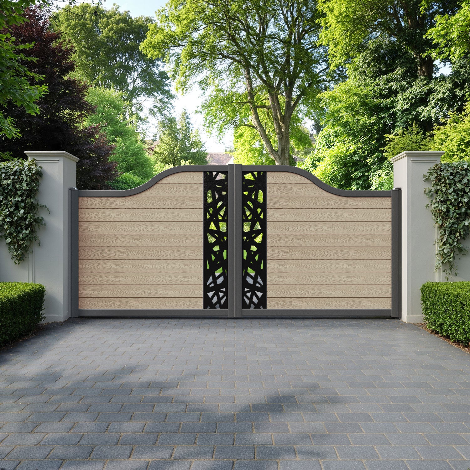 Classic Prism Curved Top Driveway Gate - Light Oak - Middle Screen