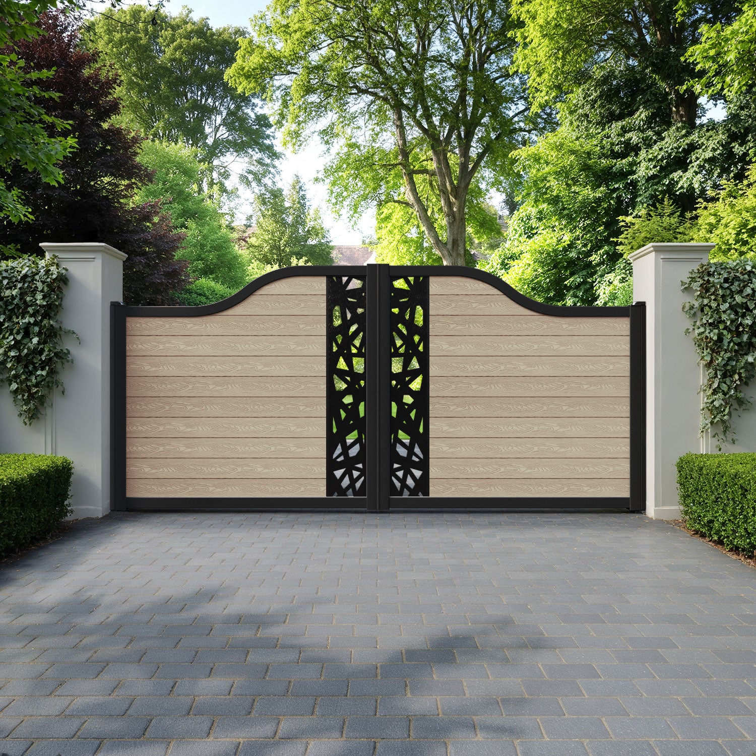 Classic Prism Curved Top Driveway Gate - Light Oak - Middle Screen