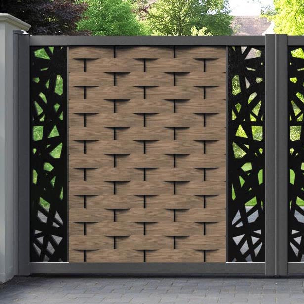 Ripple Prism Straight Top Driveway Gate - Teak - Middle & End Screen