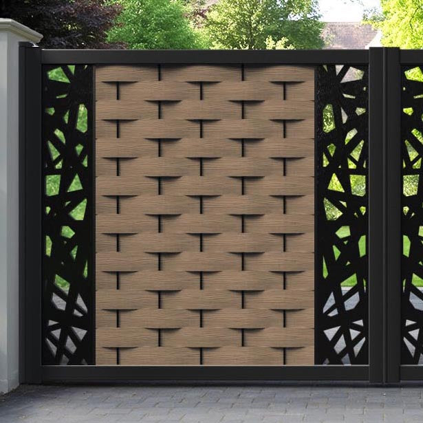 Ripple Prism Straight Top Driveway Gate - Teak - Middle & End Screen