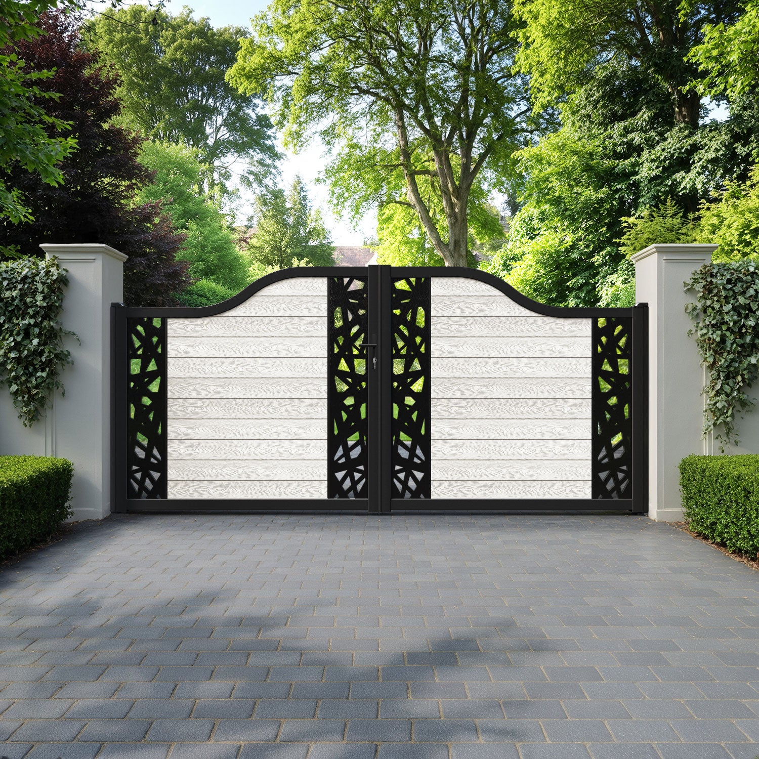 Classic Prism Curved Top Driveway Gate - Light Stone - Middle & End Screen