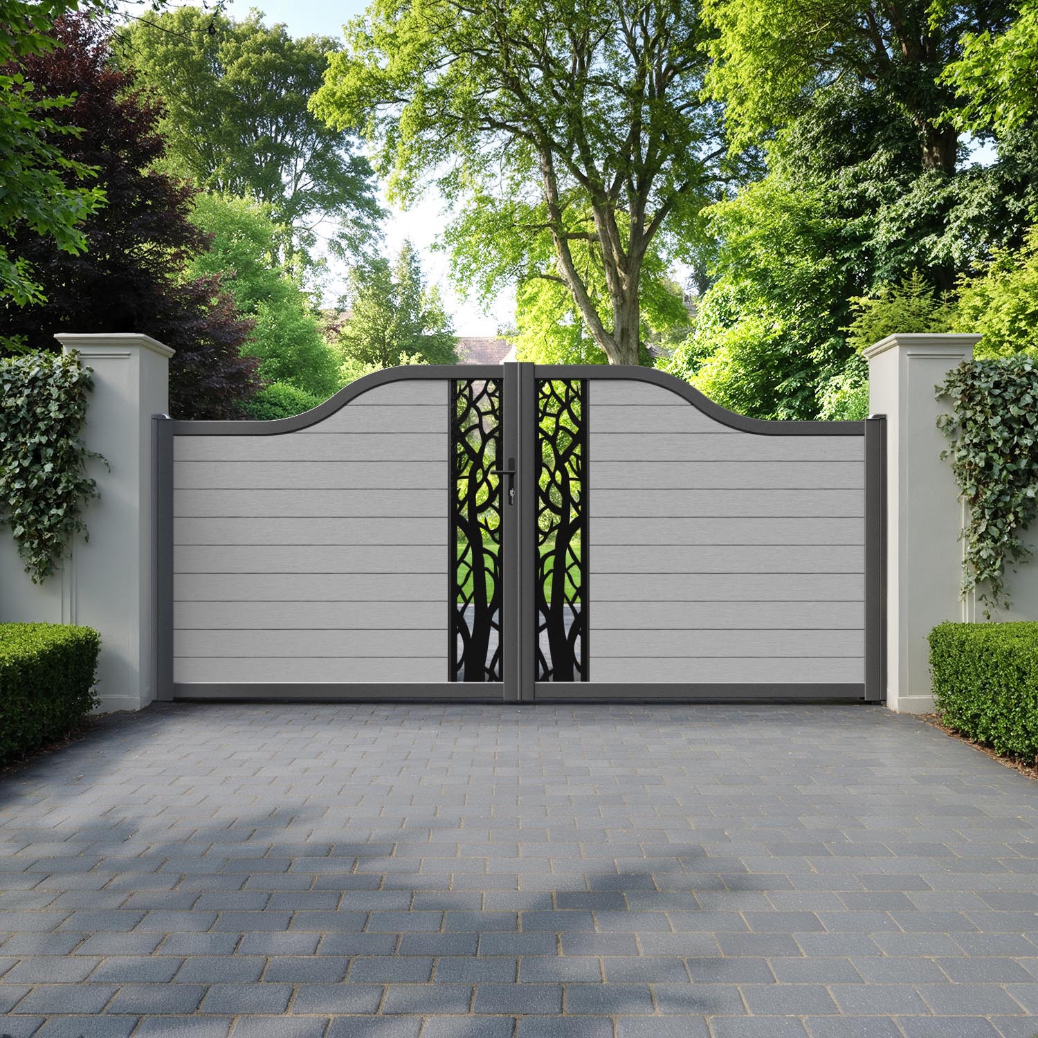 Fusion Twilight Curved Top Driveway Gate - Light Grey - Middle Screen