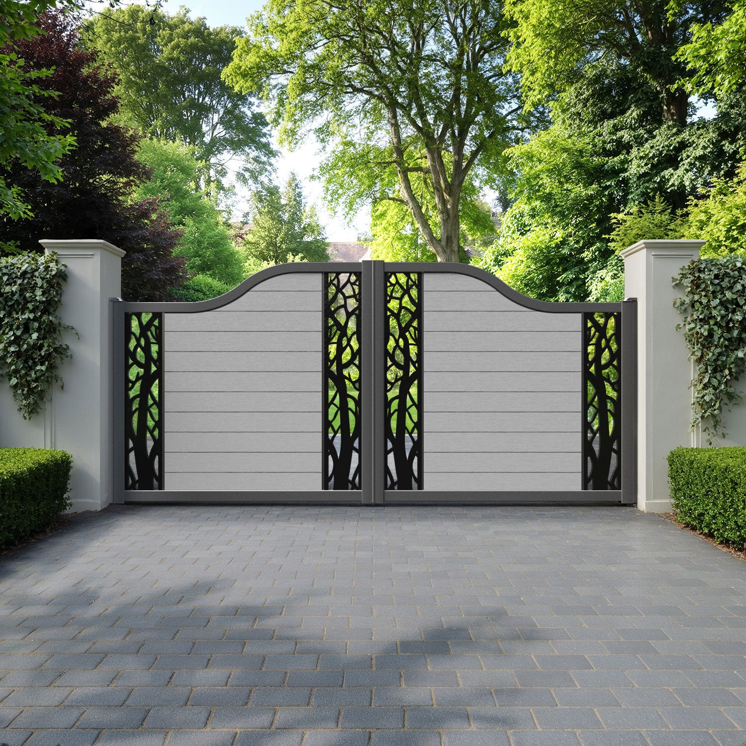Fusion Twilight Curved Top Driveway Gate - Light Grey - Middle & End Screen
