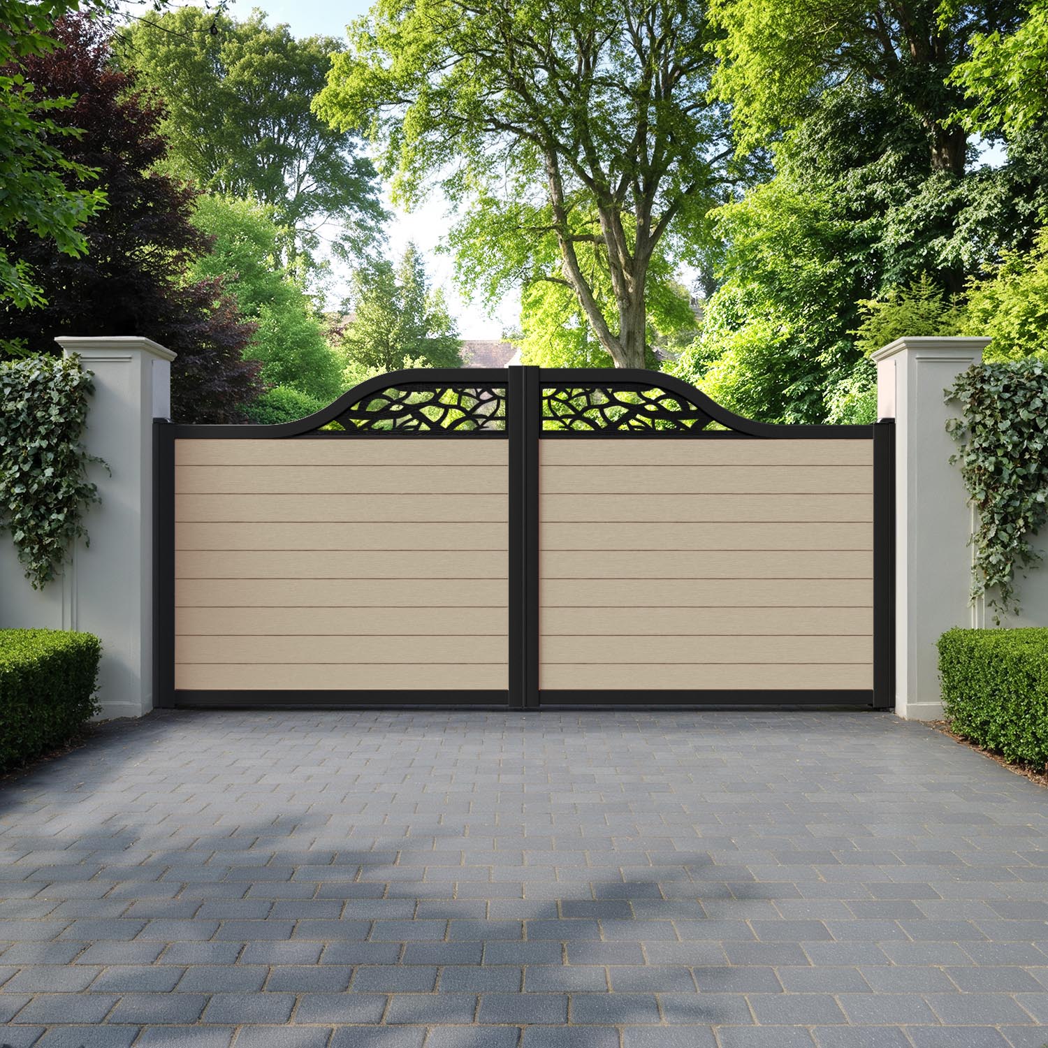 Fusion Twilight Curved Top Driveway Gate - Light Oak - Top Screen