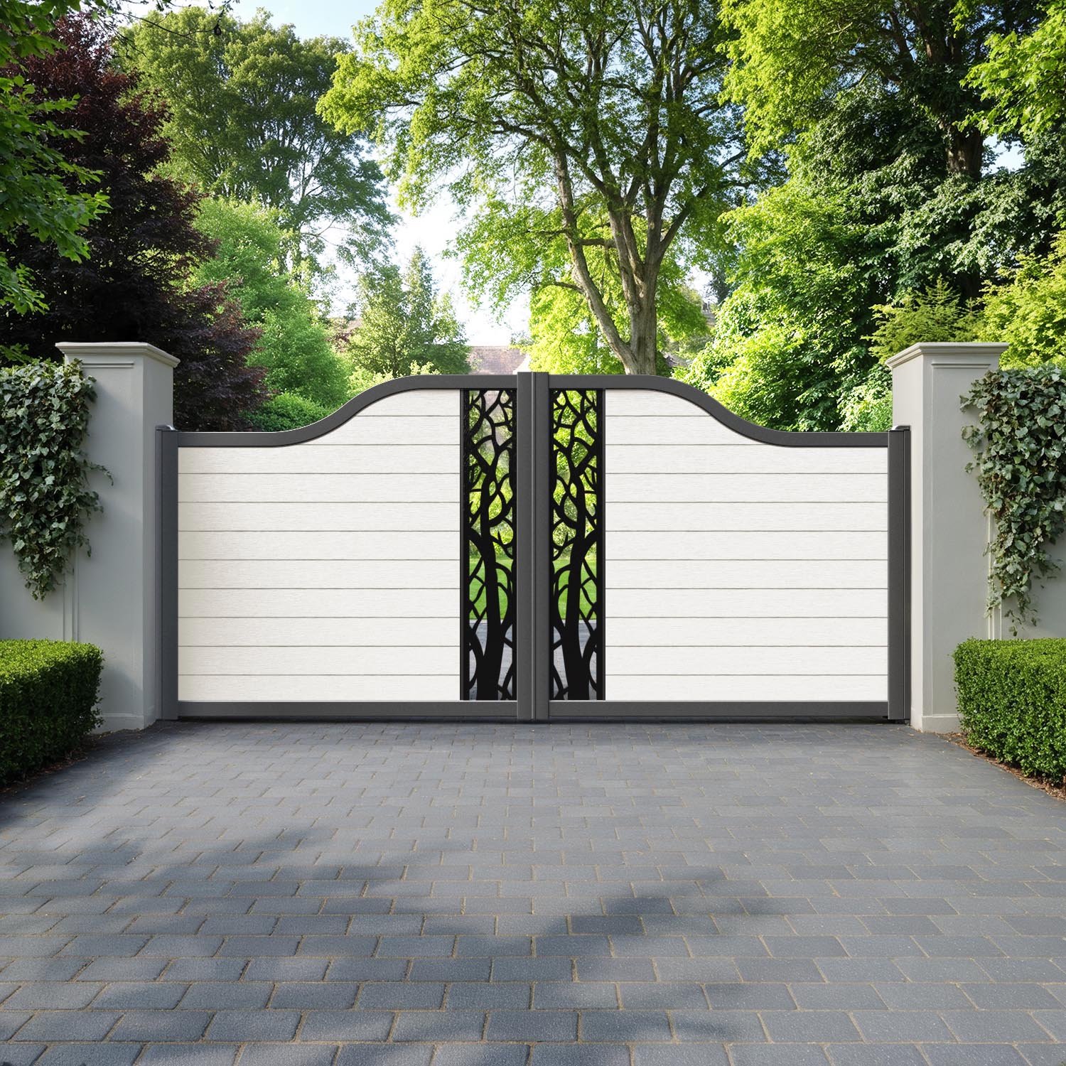 Fusion Twilight Curved Top Driveway Gate - Light Stone - Middle Screen