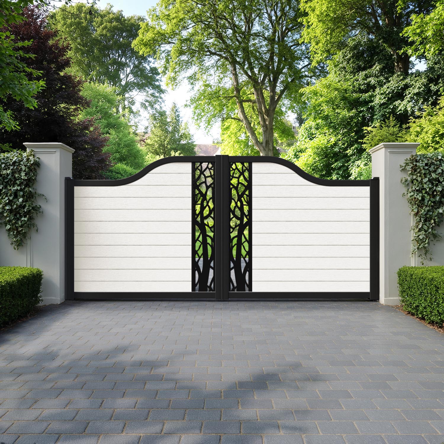 Fusion Twilight Curved Top Driveway Gate - Light Stone - Middle Screen