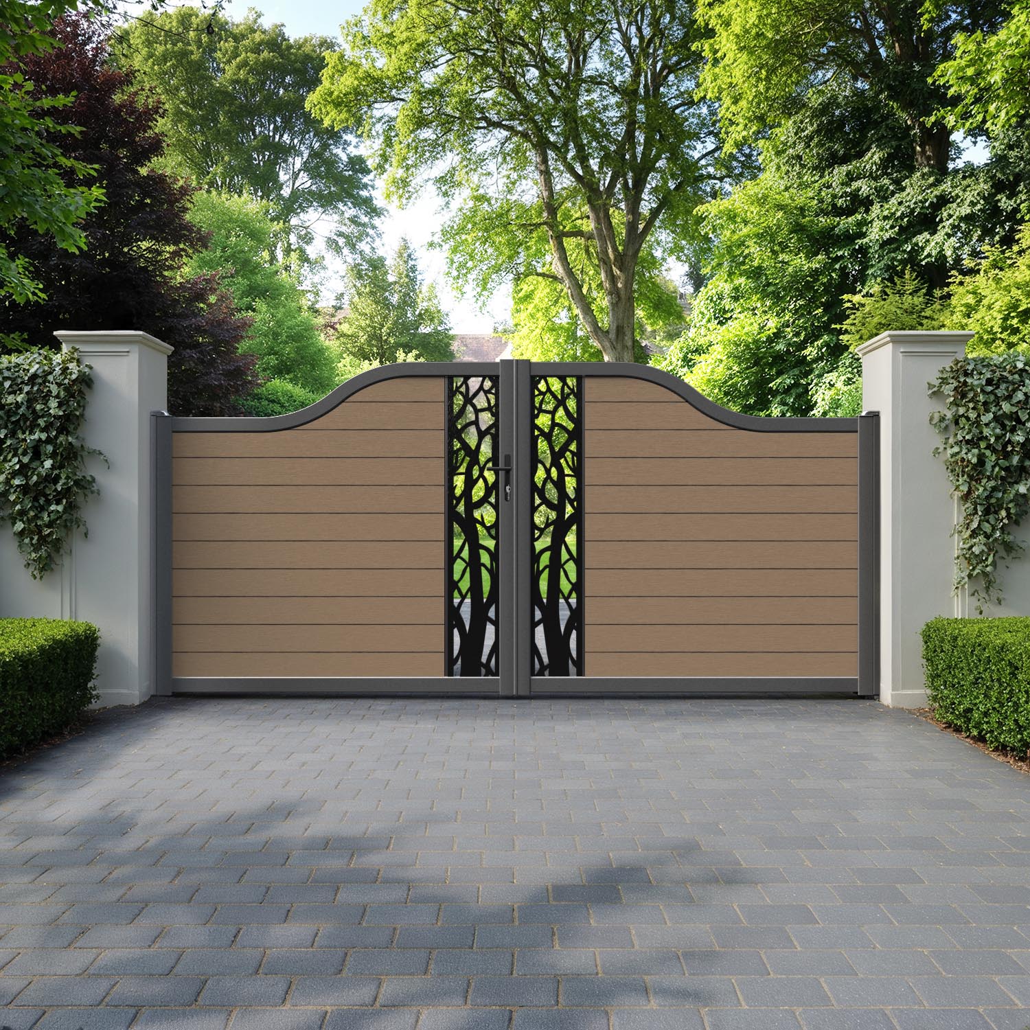 Fusion Twilight Curved Top Driveway Gate - Teak - Middle Screen