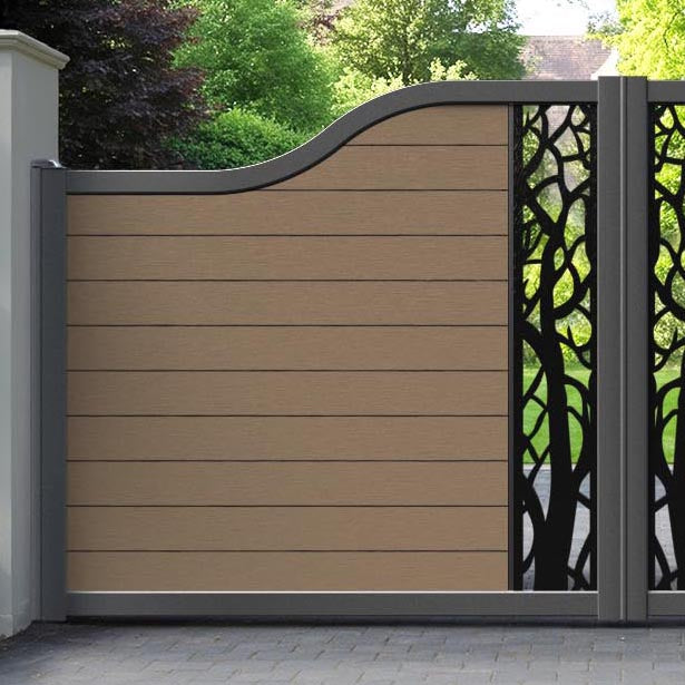 Fusion Twilight Curved Top Driveway Gate - Teak - Middle Screen