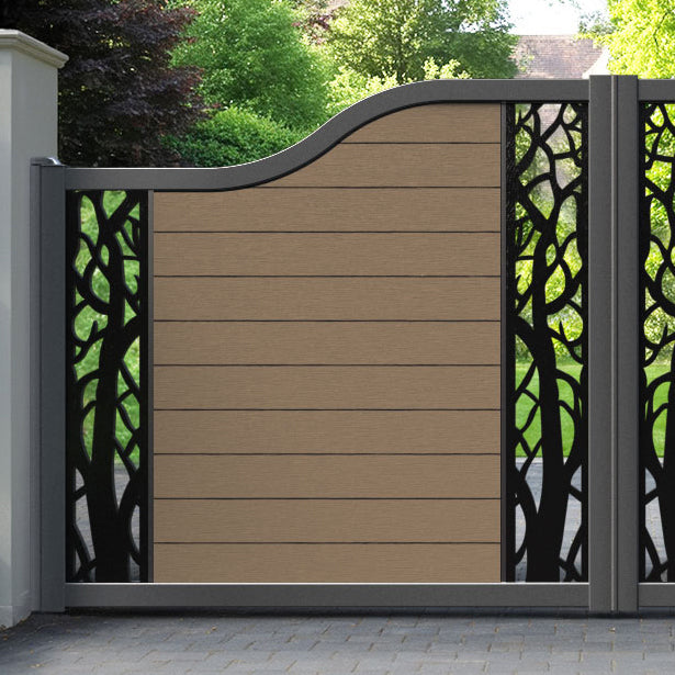 Fusion Twilight Curved Top Driveway Gate - Teak - Middle & End Screen