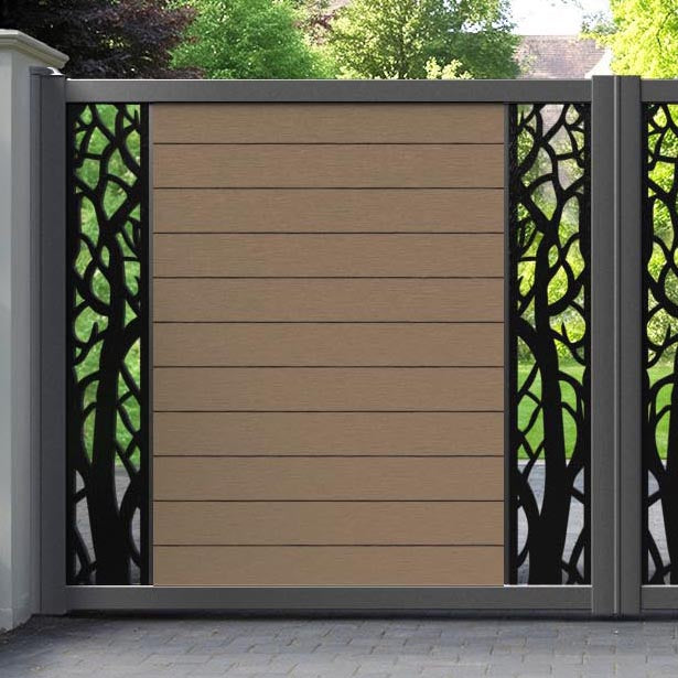 Fusion Twilight Straight Top Driveway Gate - Teak - Middle & End Screen