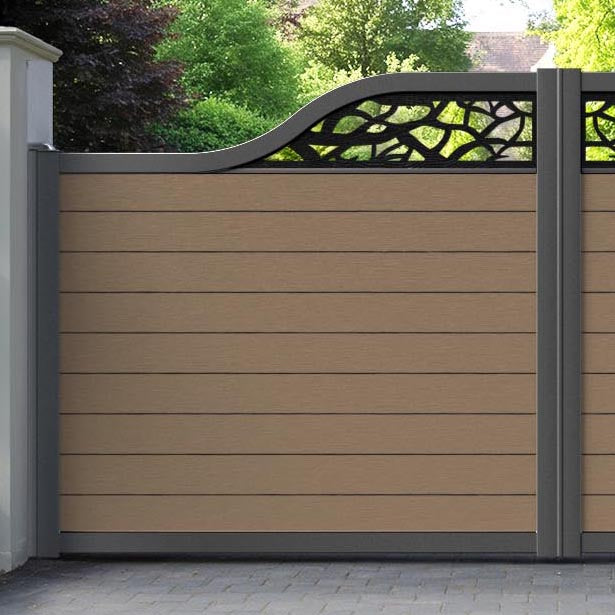 Fusion Twilight Curved Top Driveway Gate - Teak - Top Screen