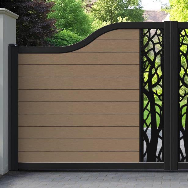 Fusion Twilight Curved Top Driveway Gate - Teak - Middle Screen