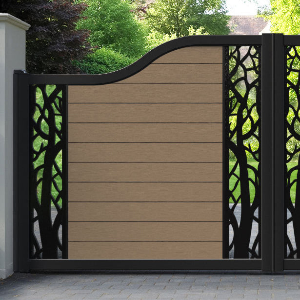 Fusion Twilight Curved Top Driveway Gate - Teak - Middle & End Screen