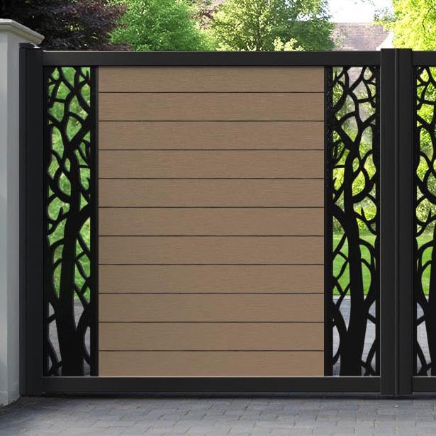 Fusion Twilight Straight Top Driveway Gate - Teak - Middle & End Screen