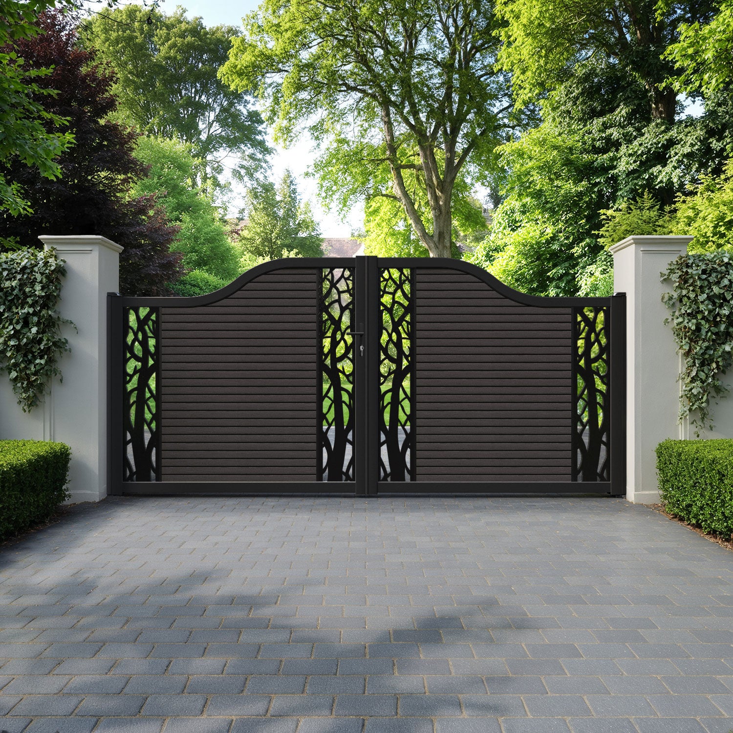 Hudson Twilight Curved Top Driveway Gate - Dark Oak - Middle & End Screen