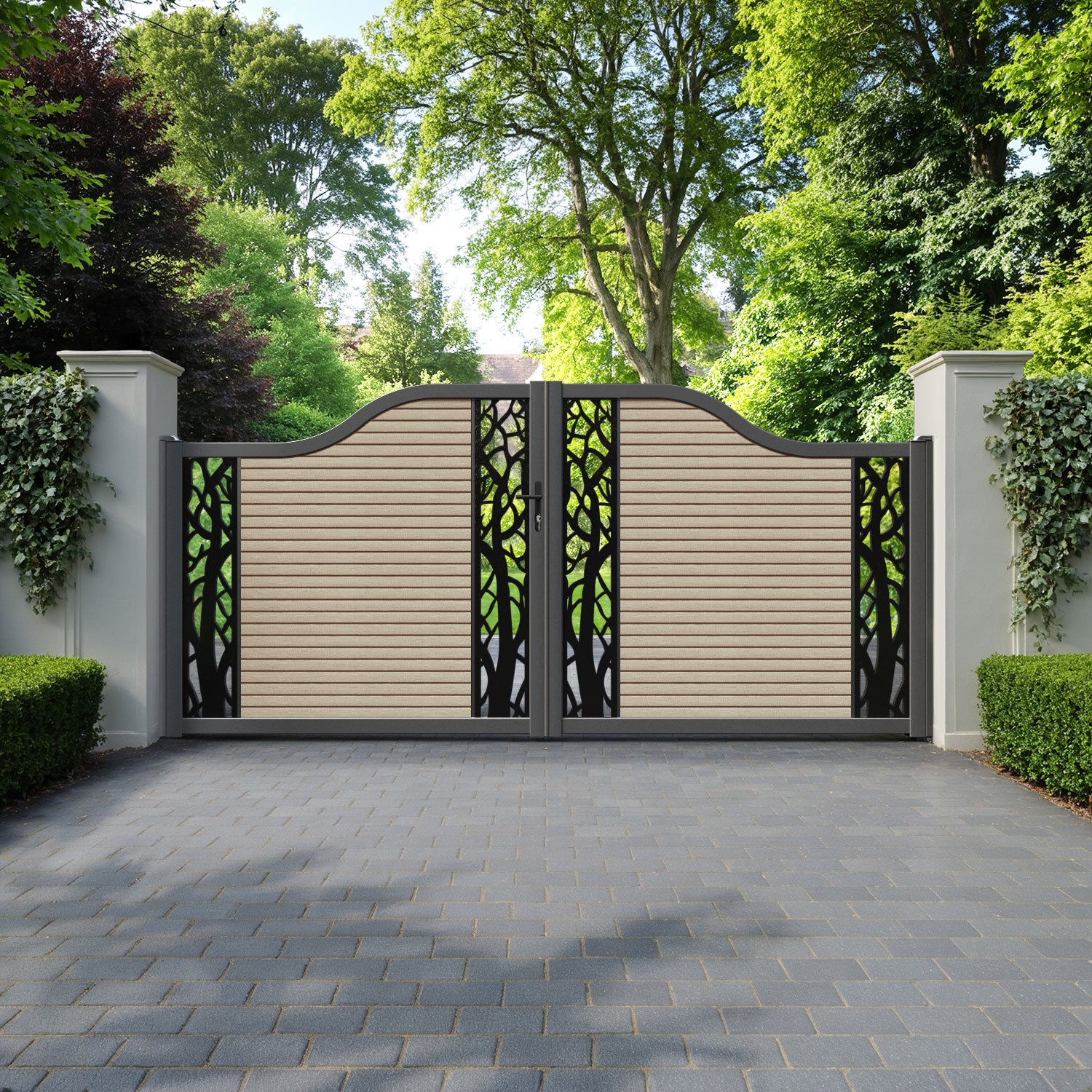 Hudson Twilight Curved Top Driveway Gate - Light Oak- Middle & End Screen