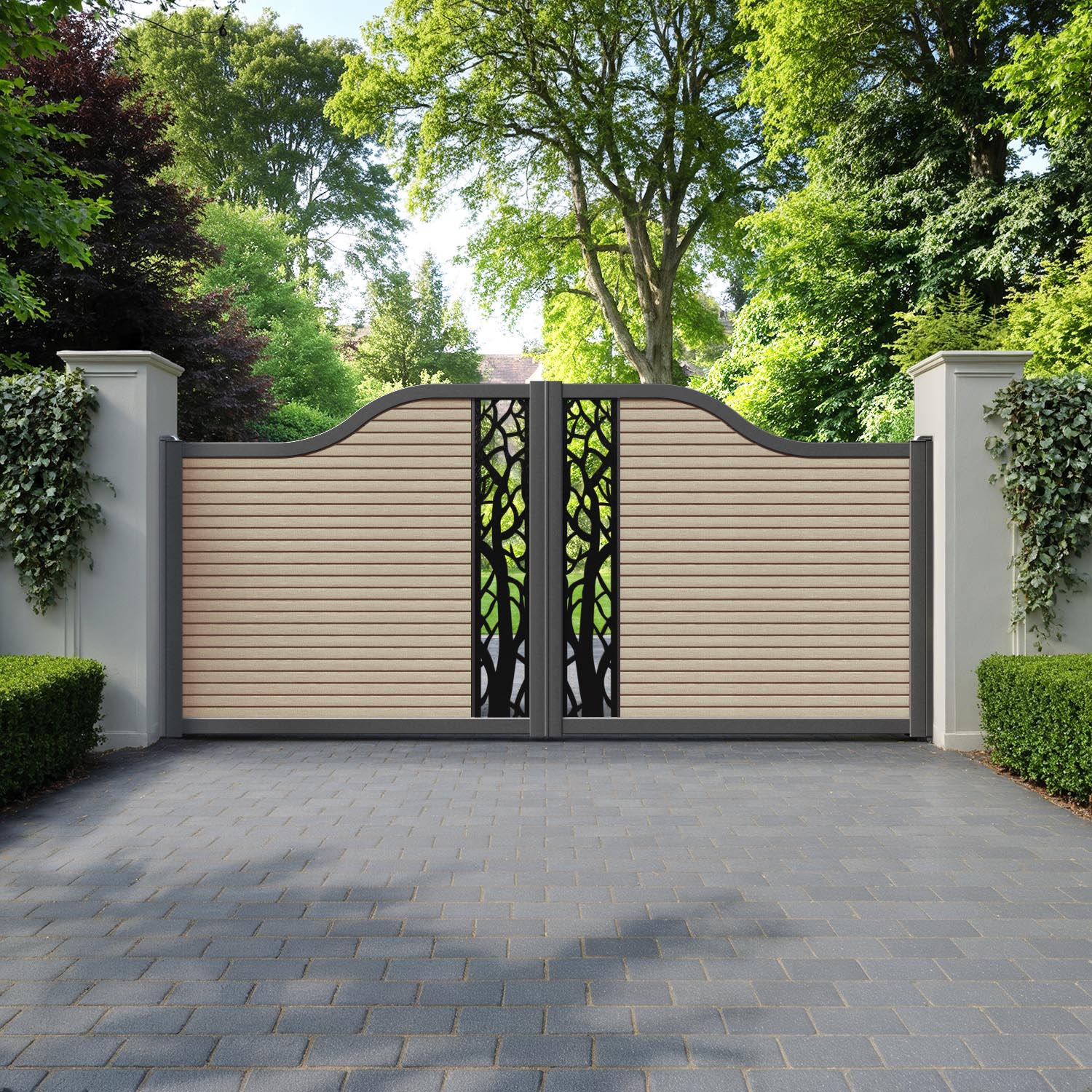 Hudson Twilight Curved Top Driveway Gate - Light Oak - Middle  Screen