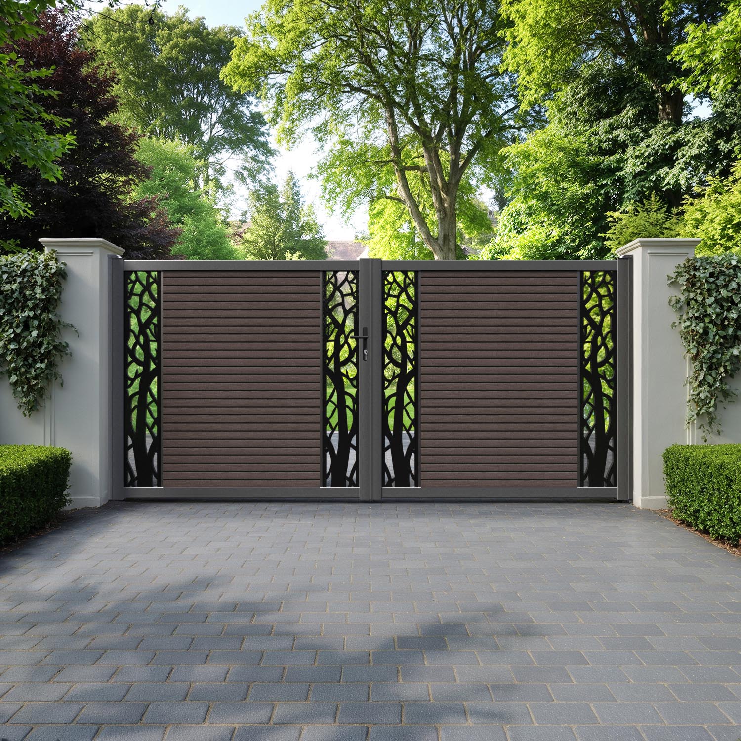 Hudson Twilight Straight Top Driveway Gate - Mid Brown - Middle & End Screen