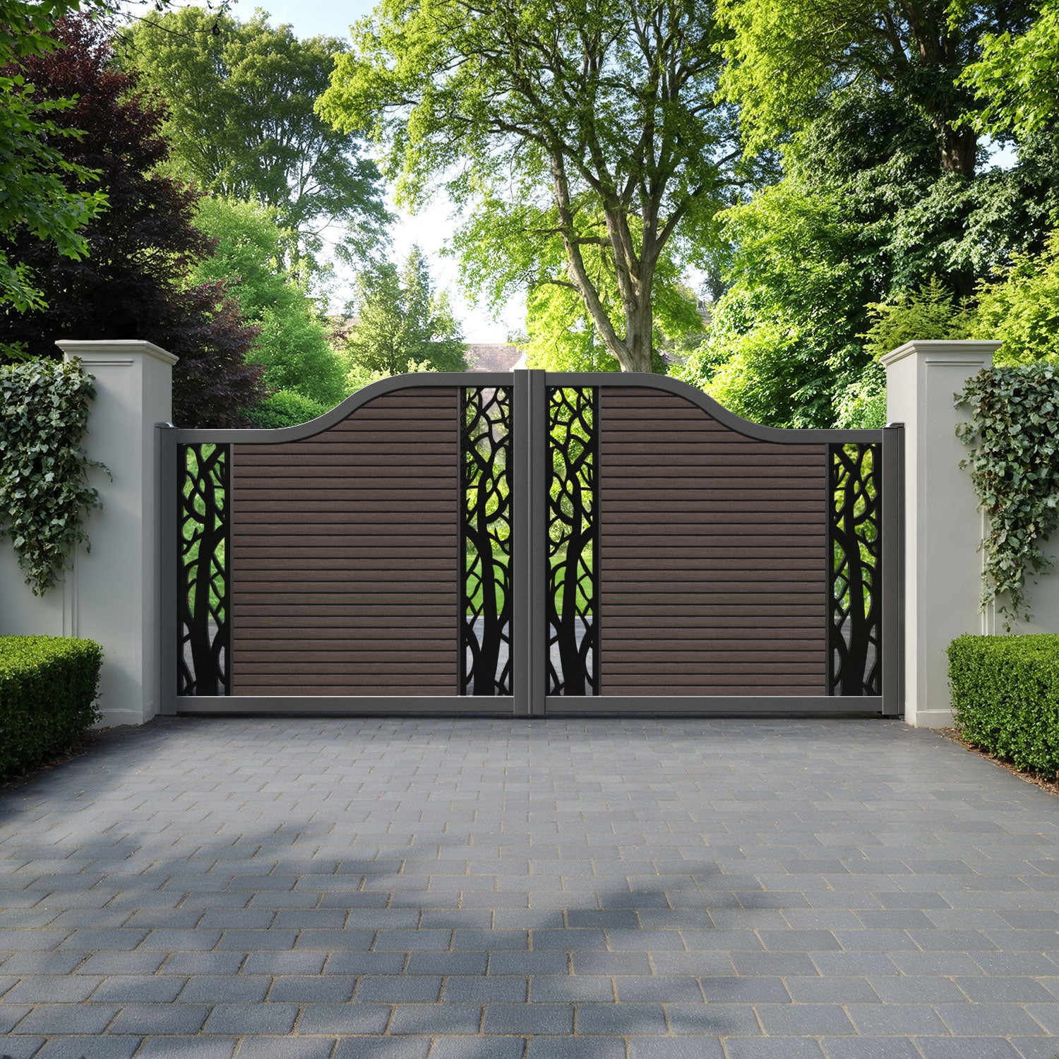 Hudson Twilight Curved Top Driveway Gate - Mid Brown - Middle & End Screen