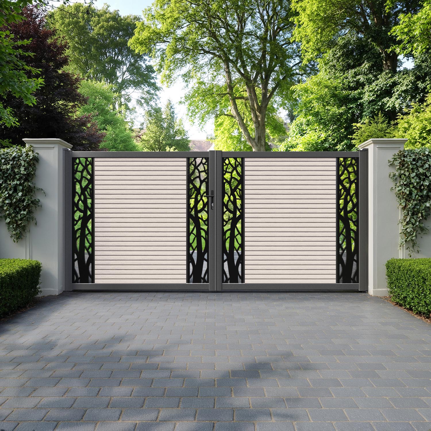Hudson Twilight Straight Top Driveway Gate - Mid Stone - Middle & End Screen