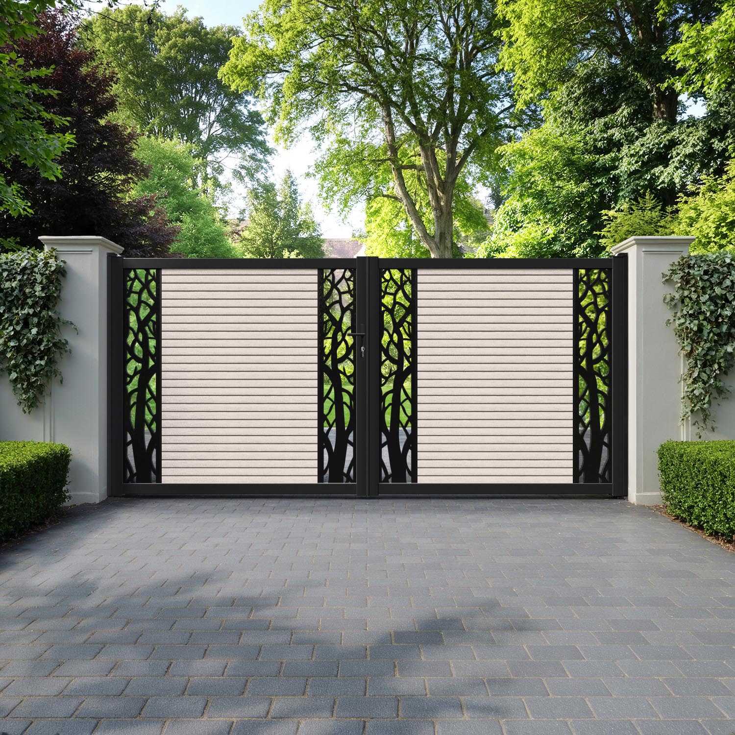 Hudson Twilight Straight Top Driveway Gate - Mid Stone - Middle & End Screen