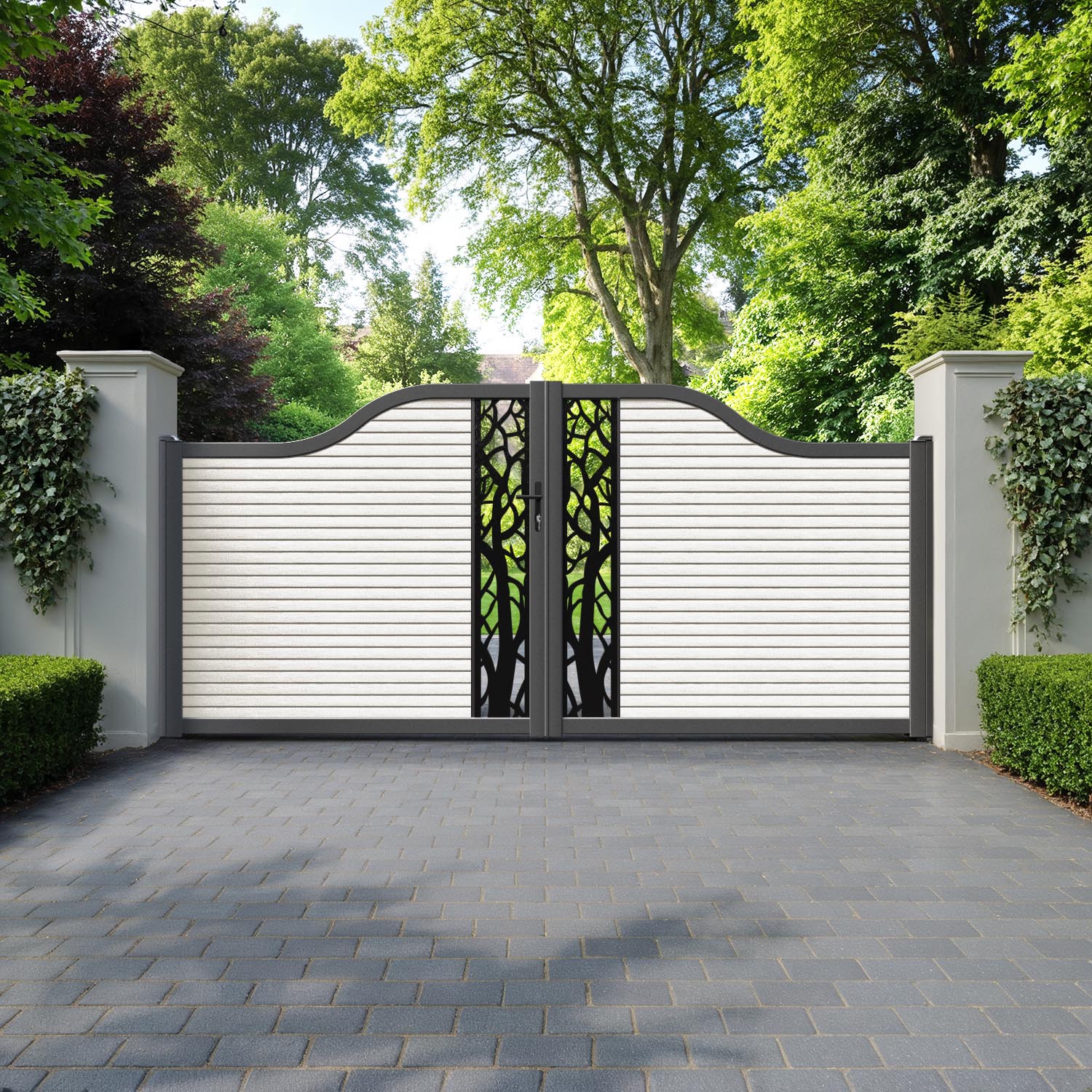 Hudson Twilight Curved Top Driveway Gate - Light Stone - Middle Screen