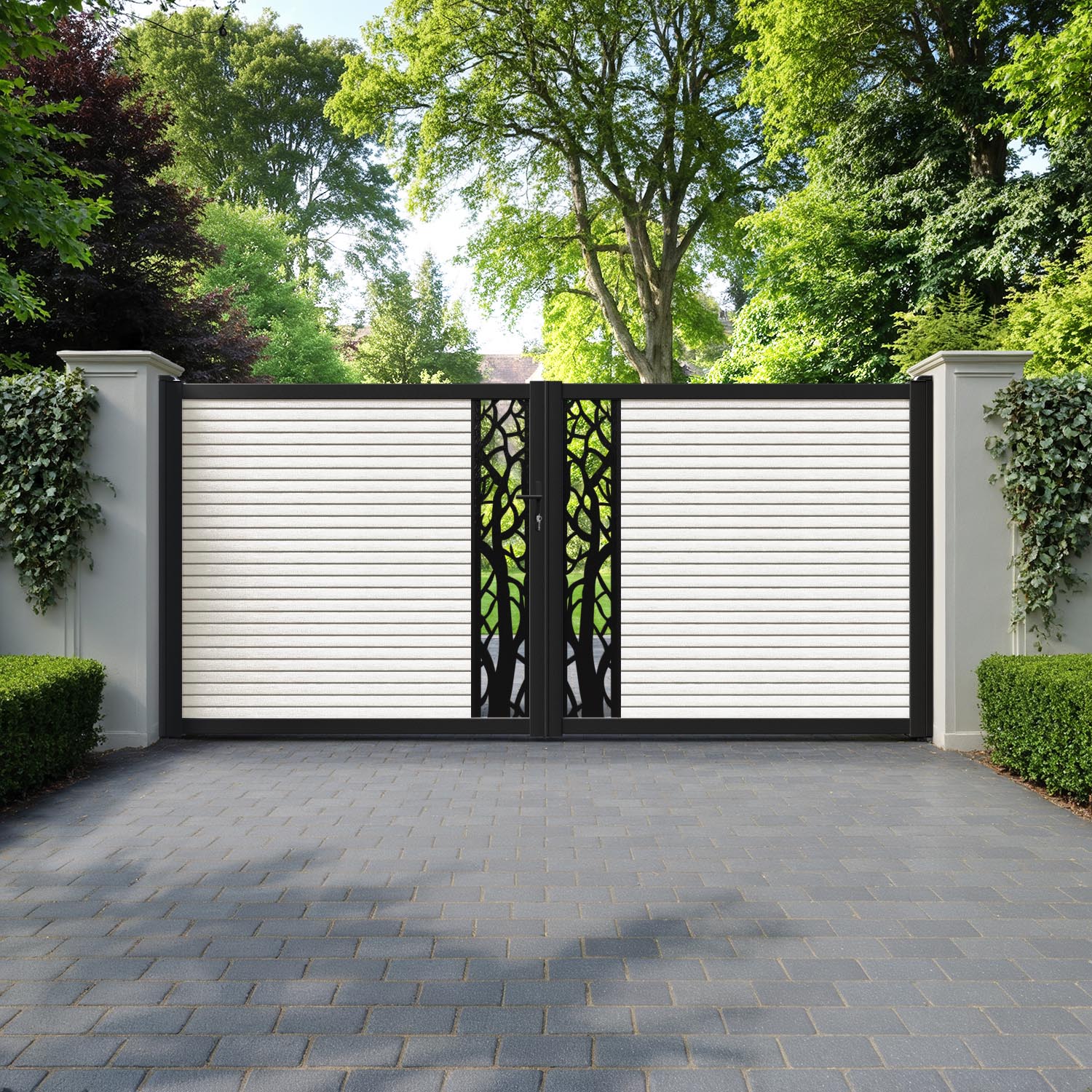 Hudson Twilight Straight Top Driveway Gate - Light Stone - Middle Screen