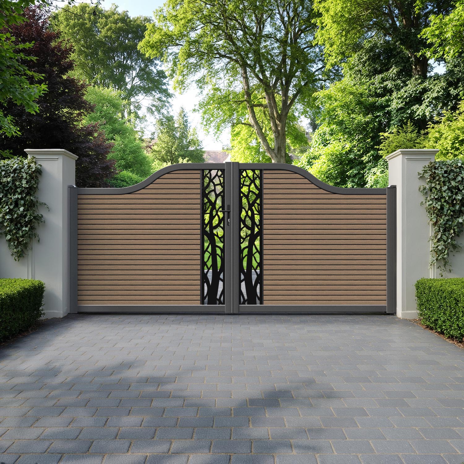Hudson Twilight Curved Top Driveway Gate - Teak - Middle Screen