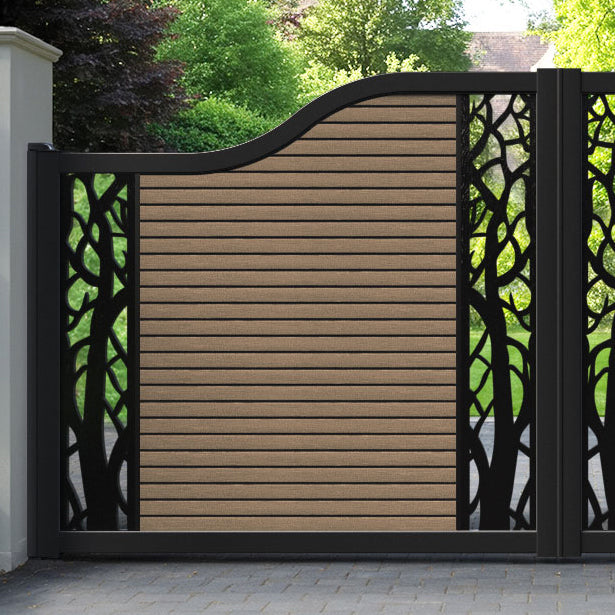 Hudson Twilight Curved Top Driveway Gate - Teak - Middle & End Screen
