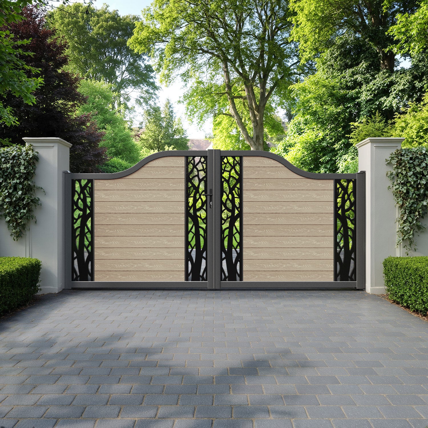 Classic Twilight Curved Top Driveway Gate - Light Oak - Middle & End Screen