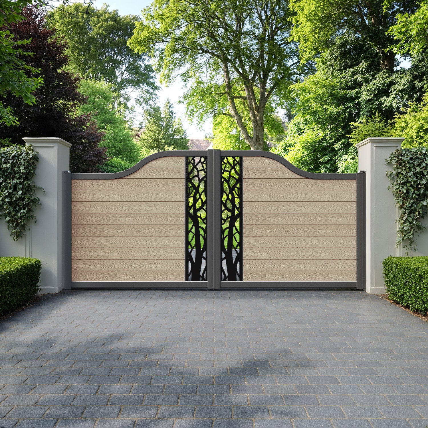 Classic Twilight Curved Top Driveway Gate - Light Oak - Middle Screen
