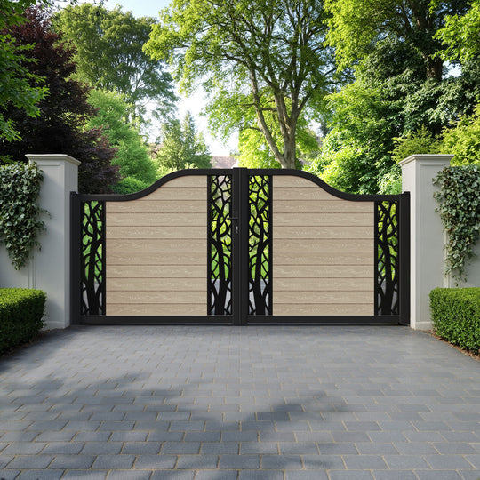 Classic Twilight Curved Top Driveway Gate - Light Oak - Middle & End Screen