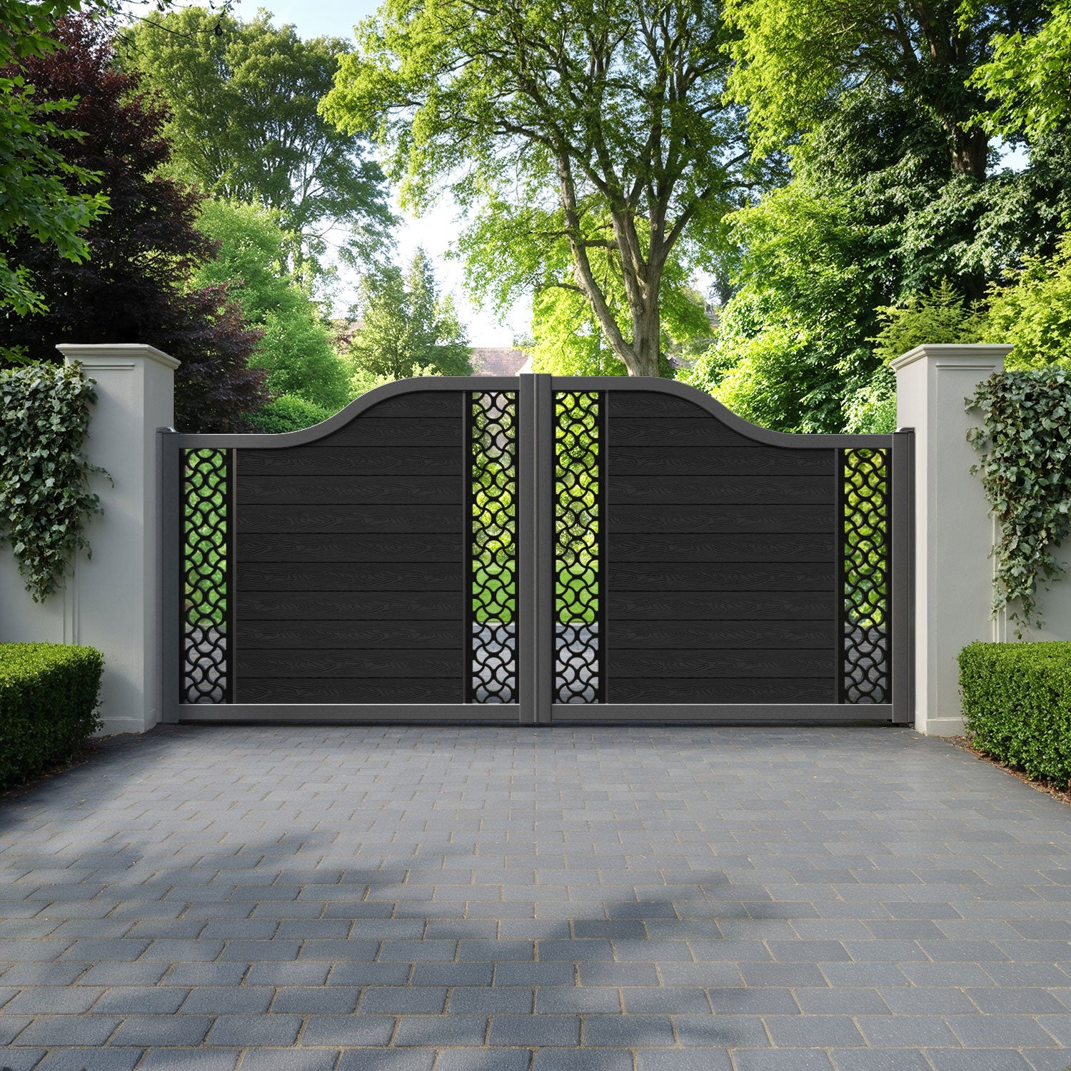 Classic Vida Curved Top Driveway Gate - Black - Middle & End Screen